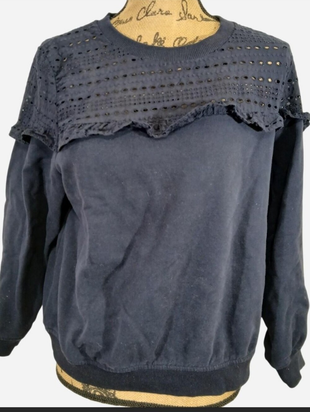 H&M Navy Blue Cottage Eyelet Sweatshirt Top Size Medium Ruffled